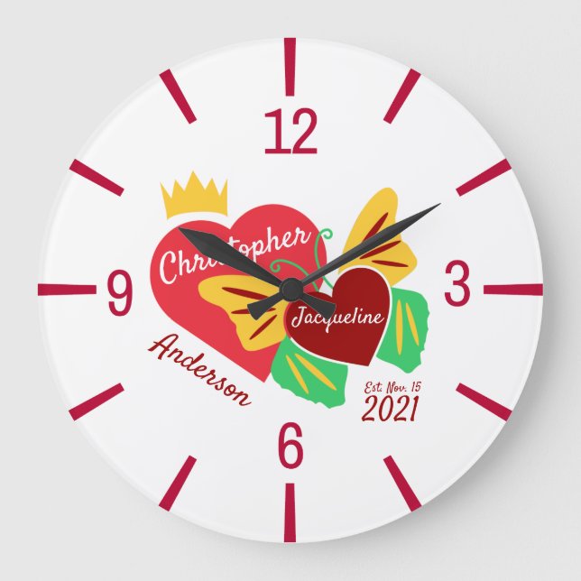 Reloj Redondo Grande Corazones rojos, mariposa elegante (Anverso)
