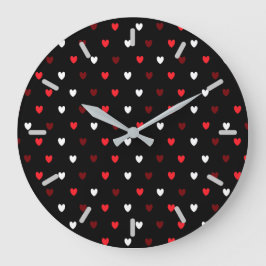 Reloj Redondo Grande corazones rojos y blancos sobre negro