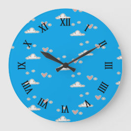 Reloj Redondo Grande Corazones y nubes en azul