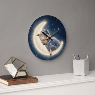 Reloj Redondo Grande Corderito durmiendo en una luna creciente