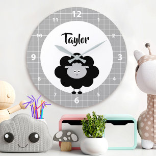 Reloj Redondo Grande Cordero blanco negro Kawaii Nombre del guión de la