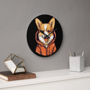 Reloj Redondo Grande Corgi Divertido con Sudadera