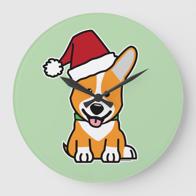 Reloj Redondo Grande Corgi dog puppy Pembroke Welsh Christmas Santa hat (Anverso)