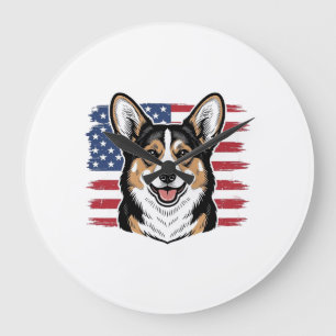 Reloj Redondo Grande Corgi Patriótico Bandera Americana Diseño Vector V