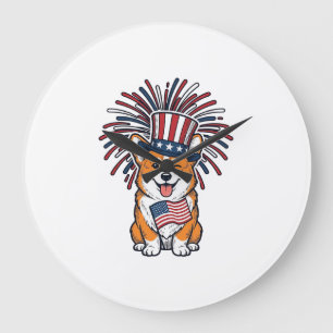 Reloj Redondo Grande Corgi Patriótico Fuegos Artificiales Diseño Vector
