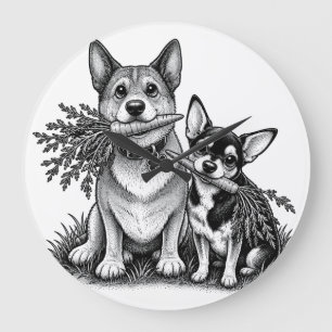 Reloj Redondo Grande Corgi vegano y Chihuahua con zanahorias