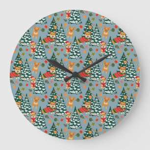 Reloj Redondo Grande Corgis decora el árbol de Navidad en bosque