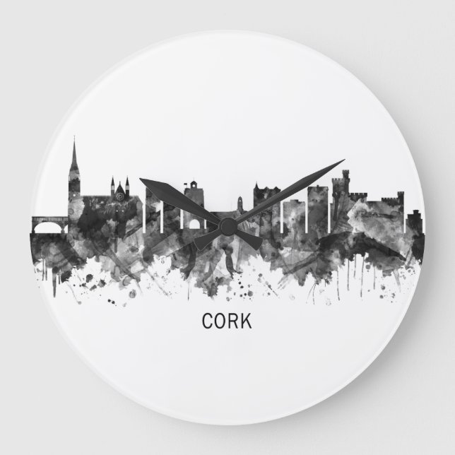 Reloj Redondo Grande Cork Ireland Skyline BW (Anverso)
