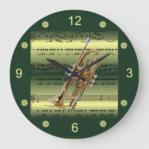 Reloj Redondo Grande Cornet~Rolling Sheet Music~Gold/Green Background~
