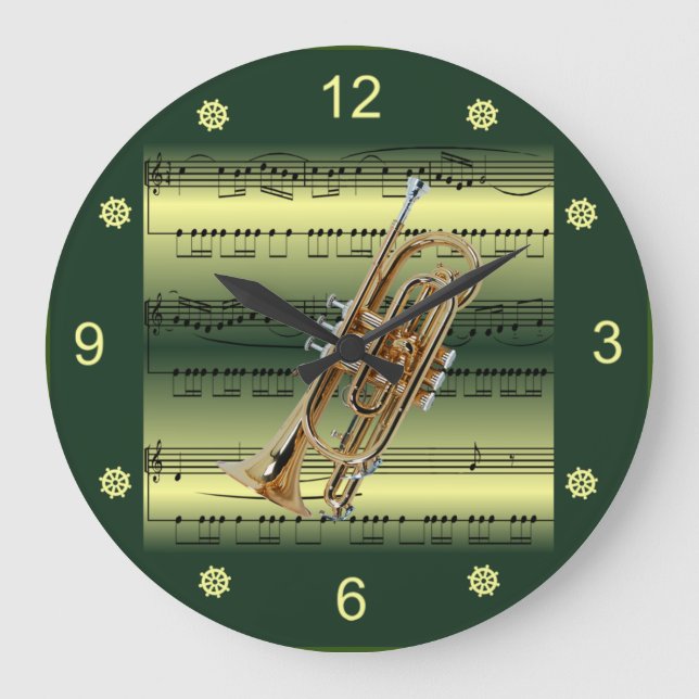 Reloj Redondo Grande Cornet~Rolling Sheet Music~Gold/Green Background~ (Anverso)