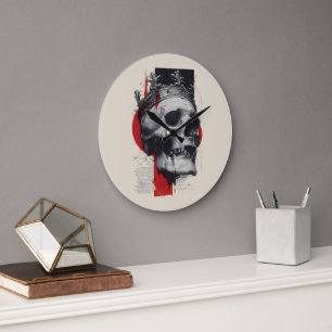 Reloj Redondo Grande Corona de cráneo de Trash Polka Rojo Negro Grunge