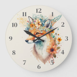Reloj Redondo Grande Corona de Flor de Zorro Acuarela         