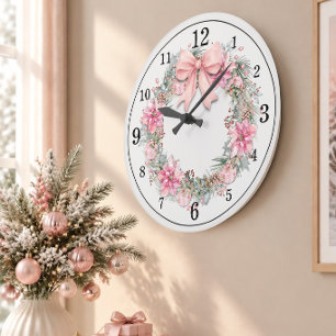 Reloj Redondo Grande Corona de Navidad de acuarela rosa elegante