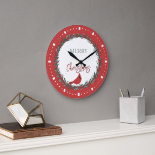 Reloj Redondo Grande Corona de Navidad de Bayas Rojas y Cardenal Rojo