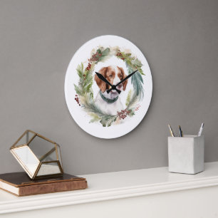 Reloj Redondo Grande Corona de Navidad de Brittany Spaniel Perro festiv