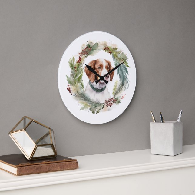 Reloj Redondo Grande Corona de Navidad de Brittany Spaniel Perro festiv (Oficina)