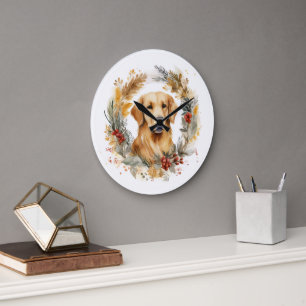 Reloj Redondo Grande Corona de Navidad de Golden Retriever Perro Festiv