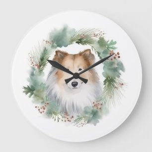 Reloj Redondo Grande Corona de Navidad de Rough Collie Perro festivo 