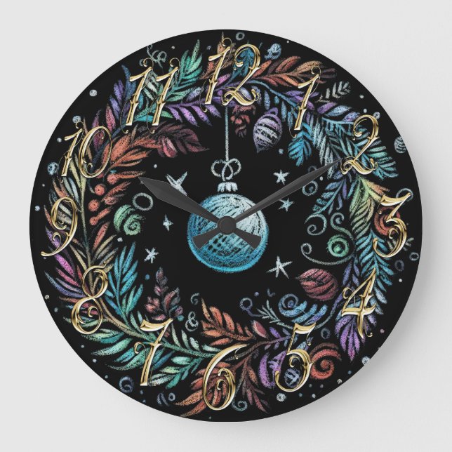 Reloj Redondo Grande Corona de Navidad Dibujada con Pastel Duro (Anverso)