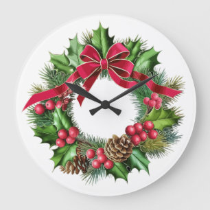 Reloj Redondo Grande Corona de Navidad elegante con lazo rojo, acebo y 