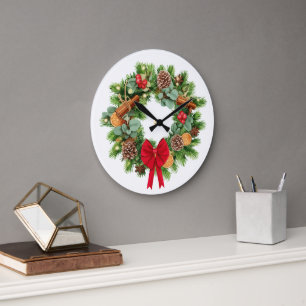 Reloj Redondo Grande Corona de Navidad elegante y festiva con lazo rojo