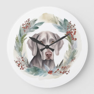 Reloj Redondo Grande Corona de Navidad Weimaraner Cachorro Festivo