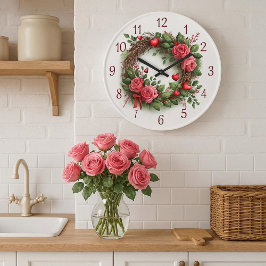 Reloj Redondo Grande Corona de rosas con corazones rojos 