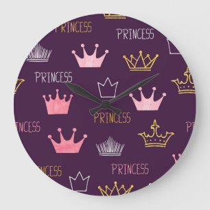 Reloj Redondo Grande Coronas de princesa: patrón purpurina de acuarela.