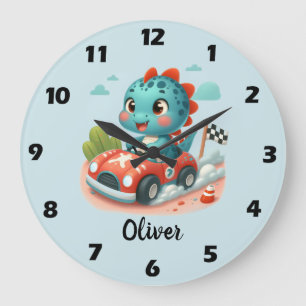 Reloj Redondo Grande Corredor Lindo Dino Conduciendo un Coche Rápido