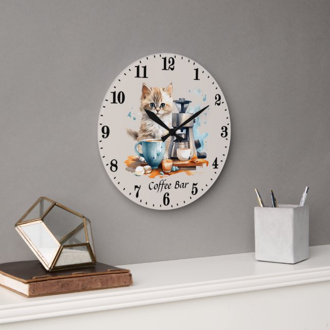 Reloj Redondo Grande Cortar gato de barra de café agregar texto (Oficina)