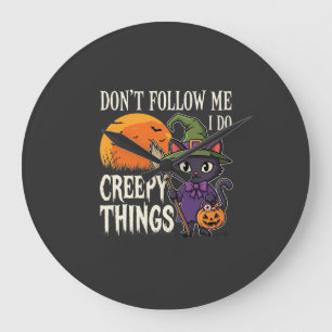 Reloj Redondo Grande Cosas espeluznantes Diseño de gato bruja de Hallow