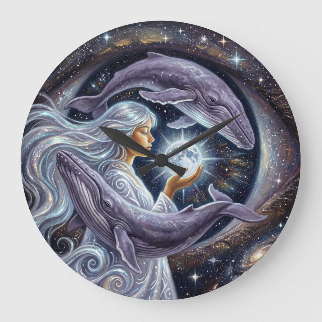 Reloj Redondo Grande Cosmic Whale and the Girl | Surreal Wall Clock (Anverso)