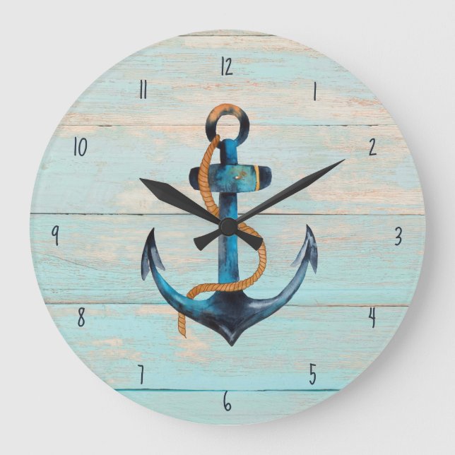 Reloj Redondo Grande Costa Rustic Beach Wood Nautical Anchor (Anverso)
