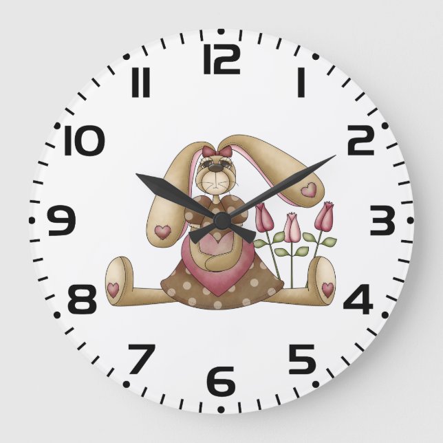 Reloj Redondo Grande Country Primitive Stuffed Bunny with Pink Hearts (Anverso)