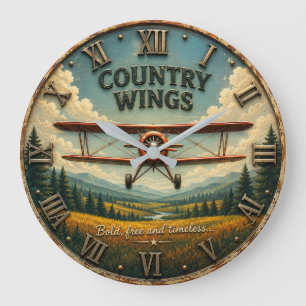 Reloj Redondo Grande Country Wings Vintage Biplane Rustic Aviation