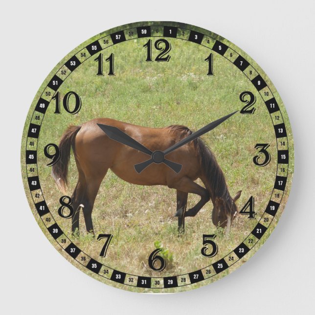 Reloj Redondo Grande Countryside Horse Colt Foal Baby Eating Grass (Anverso)