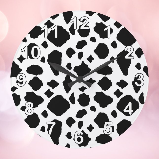 Reloj Redondo Grande Cow Pattern Rustic Farmhouse Black and White (A clock with a black and white cow pattern with white numbers )