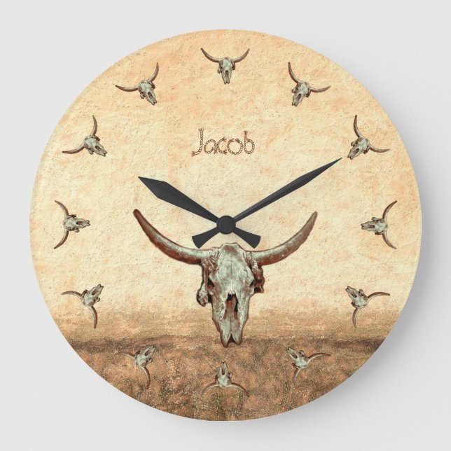 Reloj Redondo Grande Cow Skull Brown País Occidental Estilo Rústico (Anverso)