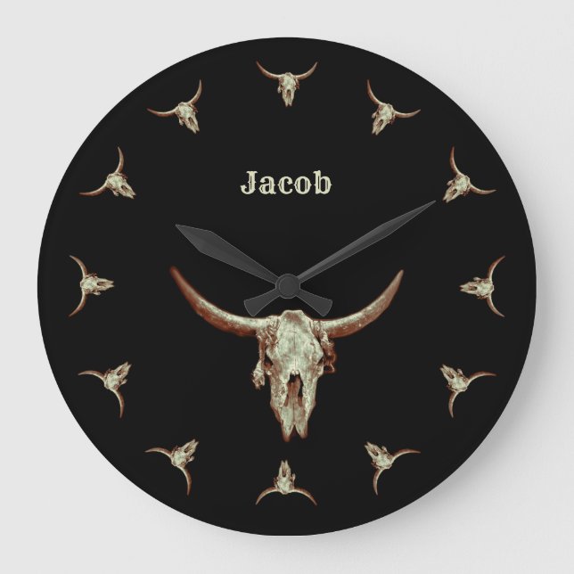 Reloj Redondo Grande Cow Skull Negro País Occidental Estilo Rústico (Anverso)