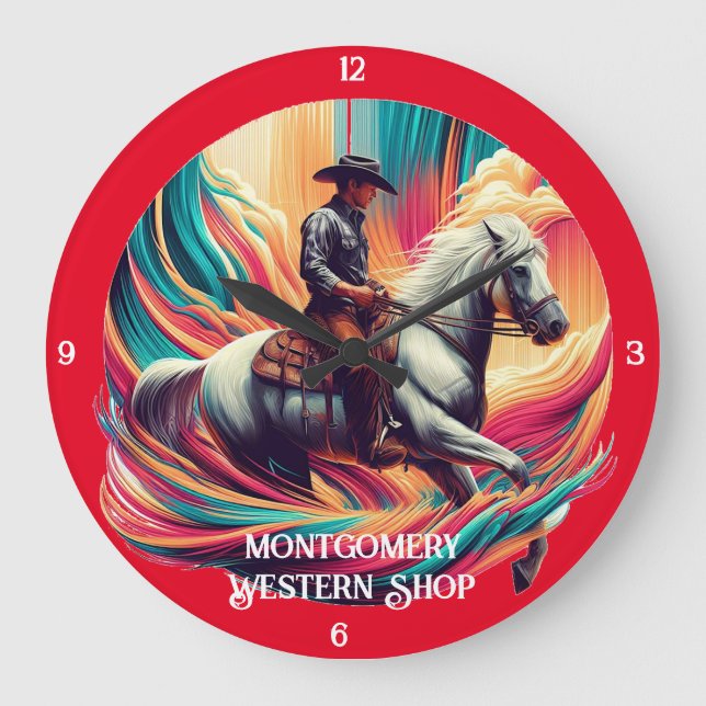 Reloj Redondo Grande Cowboy sobre arte vibrante a caballo (Anverso)