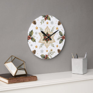 Reloj Redondo Grande Cozy Crochet Snowflake Holly Scandinavian Christma