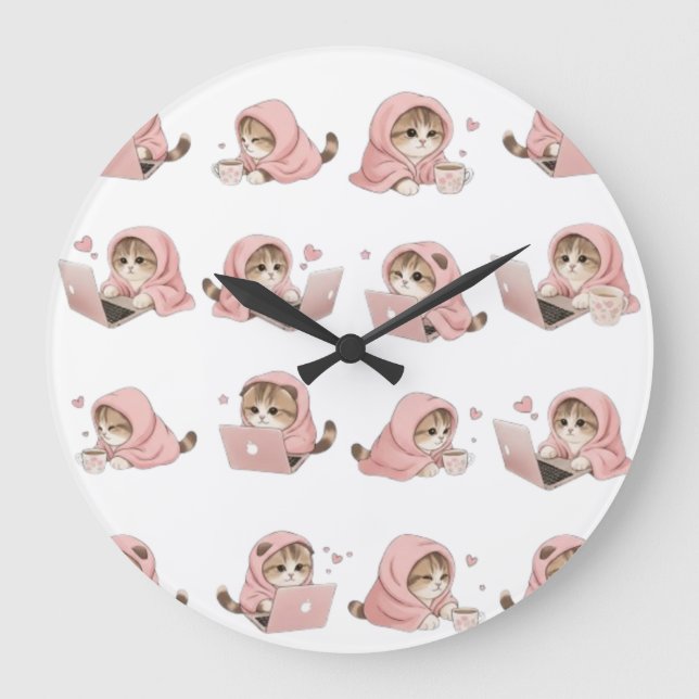 Reloj Redondo Grande Cozy Gaming Cat Pattern - Aesthetic Pink Hoodie Ki (Anverso)