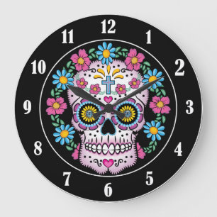 Reloj Redondo Grande Cráneo de Dia de los Muertos Sugar