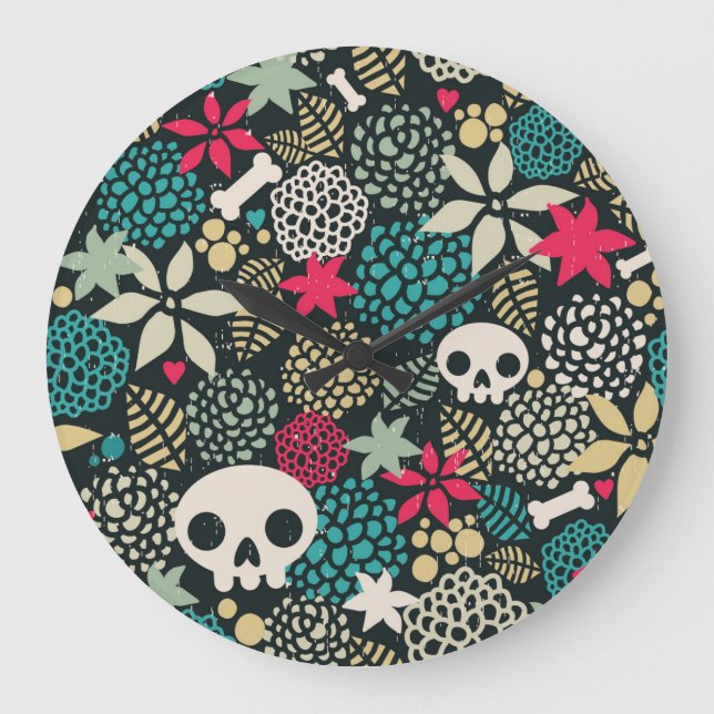 Reloj Redondo Grande Cráneo de flores (Anverso)