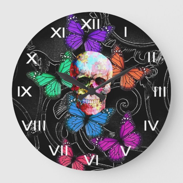 Reloj Redondo Grande Cráneo de la fantasía y mariposas coloreadas (Anverso)