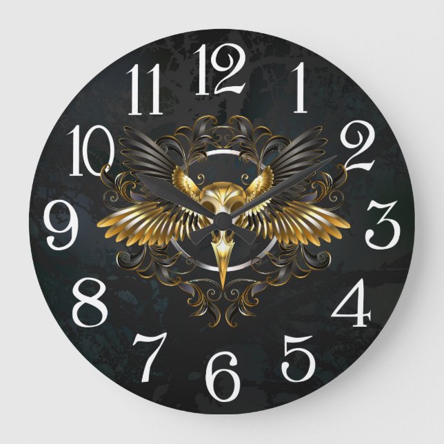 Reloj Redondo Grande Cráneo de pájaro dorado sobre fondo negro (Anverso)
