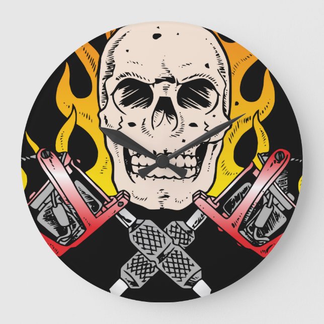 Reloj Redondo Grande Cráneo del tatuaje (Anverso)