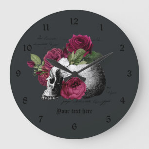 Reloj Redondo Grande Cráneo Floral Borgoña Cráneo Gótico