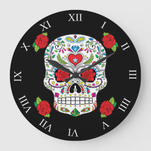 Reloj Redondo Grande Cráneo mexicano del azúcar del tatuaje y rosas