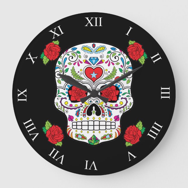 Reloj Redondo Grande Cráneo mexicano del azúcar del tatuaje y rosas (Anverso)